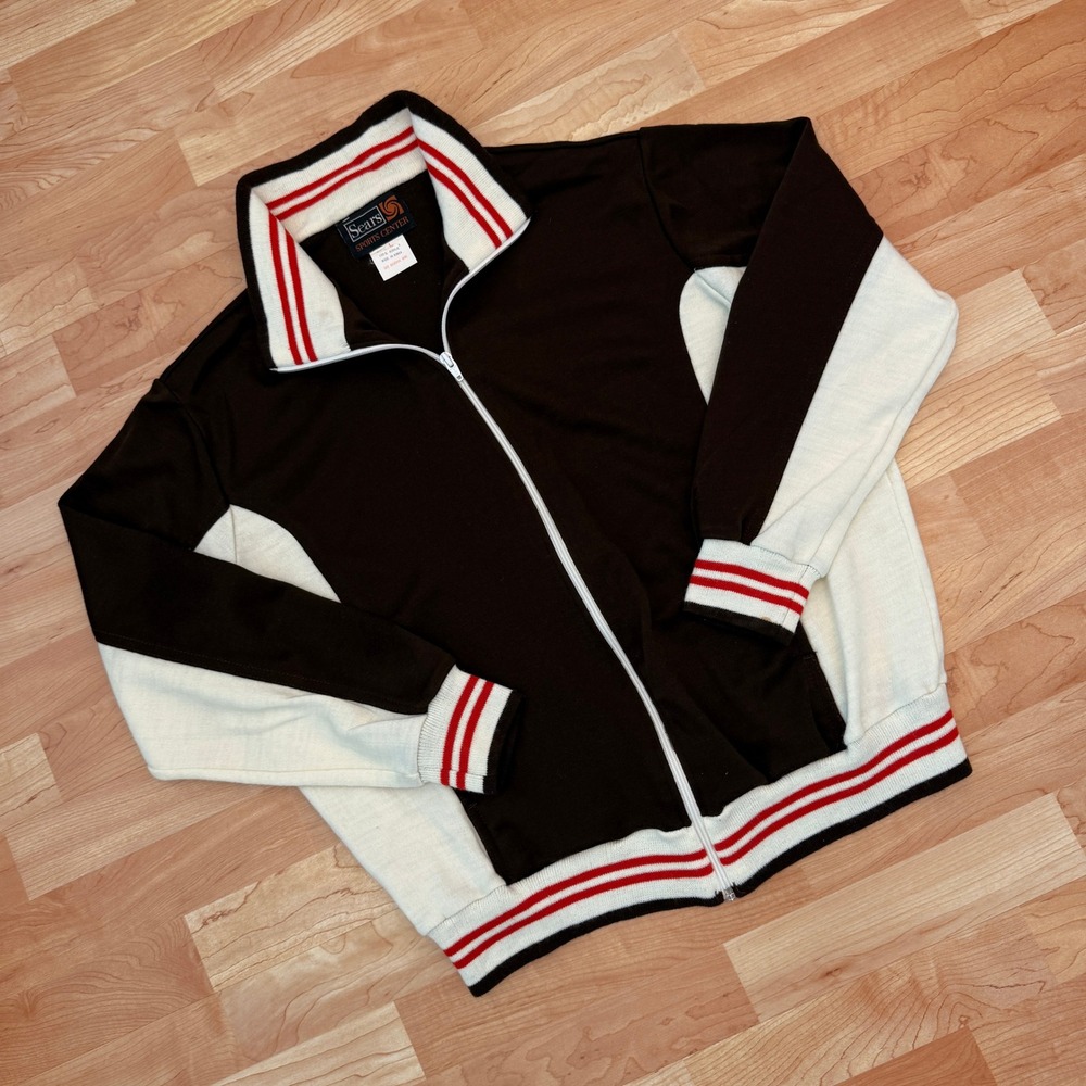 Vintage Sears Sports Center Track Jacket Mens Large Brown Cream Zip Up Knit 70s